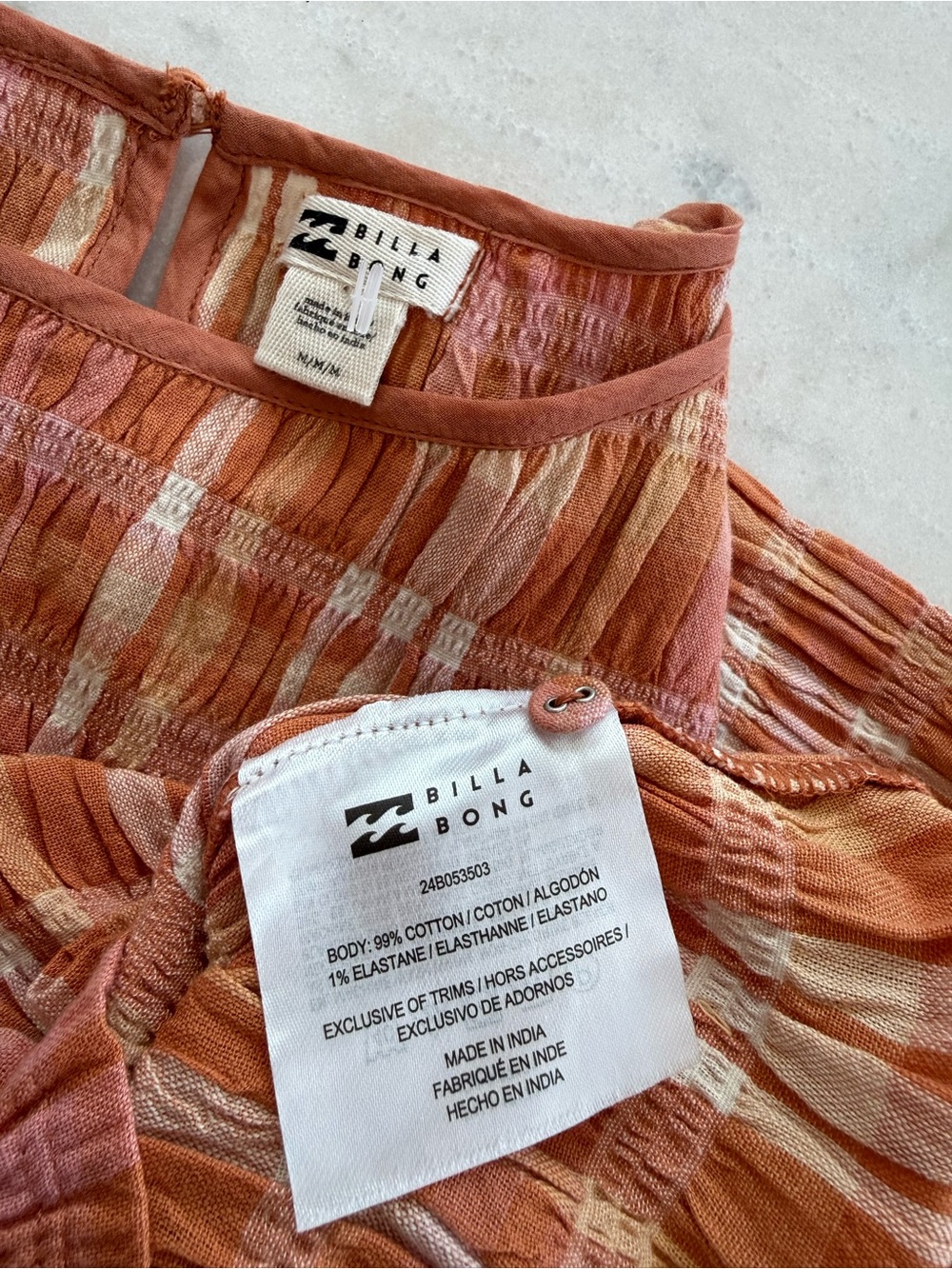 Billabong NWT Check Me Out Long Sleeve Smocked Crop Top Sunburnt Women Size M - Picture 9 of 15